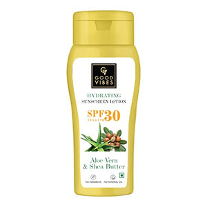 Good Vibes Aloe Vera & Shea Butter Hydrating Sunscreen Lotion SPF 30 (110 ml) | Sun Protection For All Skin Types | Soothing, Moisturizing, De-Tanning | Vegan, No Parabens, Mineral Oil & Silicones