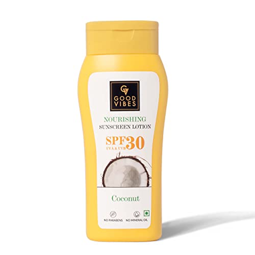 Good Vibes Coconut Nourishing Sunscreen Lotion SPF 30 (110 ml) | Sun Protection For All Skin Types | With Lime & Rosemary Leaf Oil | Soothing, De-Tanning | Vegan, No Parabens, Mineral Oil & Silicones