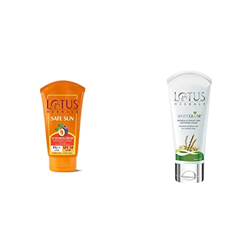 Lotus Herbals Safe Sun Block Cream SPF 30, 100g and Lotus Herbals White Glow Oatmeal And Yogurt Skin Whitening Scrub, 100g