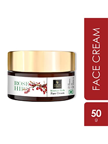 Good Vibes Rosehip Moisture-Rich Face Cream, 50 g Skin Moisturizing Hydrating Light Weight Formula, Soothes & Exfoliates Skin, Natural, No Parabens & Sulphates, No Animal Testing