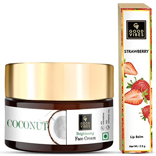 Good Vibes Moisturizing Skin Care Combo - Coconut Brightening Face Cream (50 g) and Strawberry Lip Balm (2.5 g) | Pack of 2 | Skin Hydrating Nourishing Light Weight Formula for All Skin Types