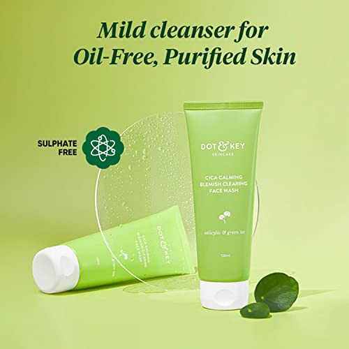 Dot & Key Cica Calming Blemish Clearing Face Wash | Non- Comedogenic, Sulphate & Paraben Free Face Cleanser for Acne & Pimples | With Cica, Green Tea & 1% Salicylic Acid for Acne Prone Skin | 120ml