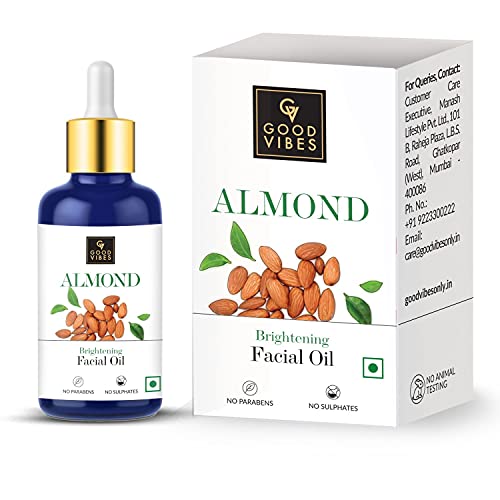 Good Vibes Almond Skin Brightening Facial Oil, 30 ml | Lightweight Absorbs Quickly Naturally Glowing Hydrating Nourishing Moisturizing Formula For All Skin Types | No Parabens & Sulphates