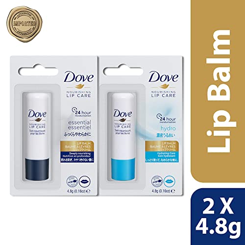 Dove Essential Nourishing Lip Care + Dove Hydro Nourishing Lip Care, Long lasting Lip Balm, 24 hours Hydration, Imported,4.8gm,PO2, Blue
