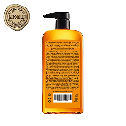 Pears Pure & Gentle Original Body Wash With Glycerin, Dermatogically Tested, 100% Soap Free Shower gel,Imported,500 ml (Free Loofah)
