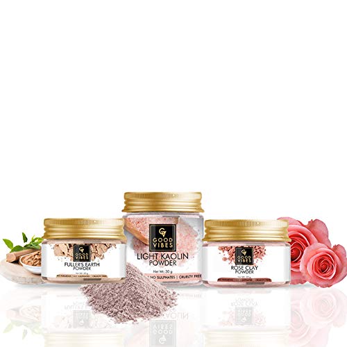Good Vibes Face Pack Combo of 3 - Fuller's  Earth, Light Kaolin, Rose Clay - 30 g each - Deep Cleanse and Detoxifier for Hair and Skin - Cruelty Free