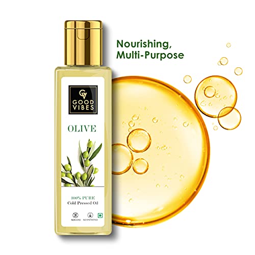 Good Vibes 100% Pure Olive Cold Pressed Carrier Oil For Hair & Skin, 100 ml Helps Strengthen Hair Roots, Deeply Moisturizes Skin, Helps Reduce Wrinkles & Fine Lines, No Alcohol, Parabens & Sulphates