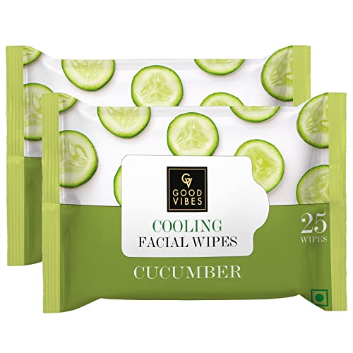 Good Vibes Cucumber Cooling Facial Wipes, 25 Wipes (Pack of 2) | Hydrating, Cleansing, Soothing | Removes Dirt, Impurities, Excess Oil & Makeup | Vegan, No Parabens, Alcohol & Mineral Oil