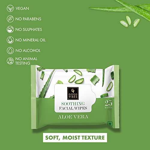 Good Vibes Aloe Vera Soothing Facial Wipes, 25 Wipes (Pack of 2) | Moisturizing, Nourishing, Cleansing | Removes Dirt, Impurities, Excess Oil & Makeup | Vegan, No Parabens, Alcohol & Mineral Oil