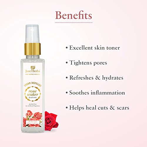 Just Herbs Ayurvedic Gulab Jal/Rose Water Spray Facial Mist Toner For Glowing Skin, Pores Minimising - Men & Women 100ml