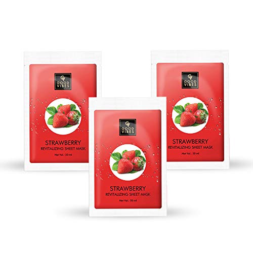 Good Vibes Strawberry Revitalizing Sheet Mask (Pack of 3) | Lightweight Hydrating Moisturizing Softening Face Serum Sheet Mask For All Skin Types | No Animal Testing