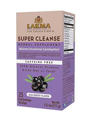 Lakma Wellness Super Cleanse Tea With Acai Berry Flavor - 25 Tea Bags (Caffeine Free, Gmo Free, Gluten Free, Dairy Free, Sugar Free & 100% Natural, Decaf)
