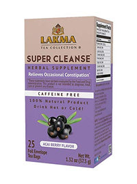 Lakma Wellness Super Cleanse Tea With Acai Berry Flavor - 25 Tea Bags (Caffeine Free, Gmo Free, Gluten Free, Dairy Free, Sugar Free & 100% Natural, Decaf)