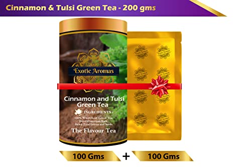 Exotic Aromas Cinnamon and Tulsi Green Tea (200 G, serves 100 cups), 100 % Whole Leaf Green tea with antioxident properties