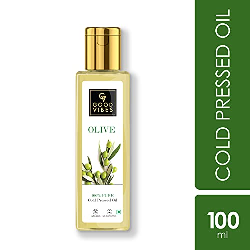 Good Vibes 100% Pure Olive Cold Pressed Carrier Oil For Hair & Skin, 100 ml Helps Strengthen Hair Roots, Deeply Moisturizes Skin, Helps Reduce Wrinkles & Fine Lines, No Alcohol, Parabens & Sulphates