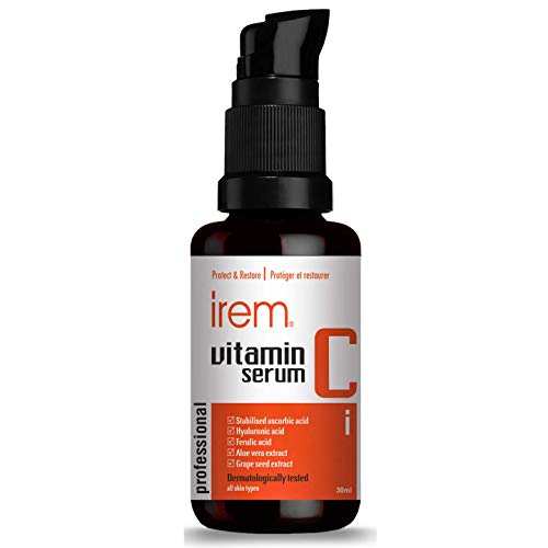 Irem Vitamin C Serum for face with Hyaluronic acid, Ferulic acid, Aloe vera and Grape seed extract, 30ml