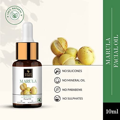 Good Vibes 100% Natural Marula Skin Barrier Protecting Facial Oil, 10 ml | Lightweight Nourishing Hydrating Formula For All Skin Types | Soft Glowing Skin Naturally | No Parabens & Sulphates