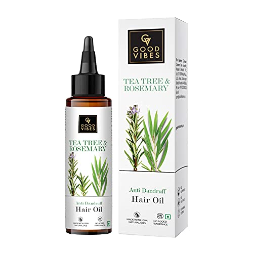 Good Vibes Tea Tree & Rosemary Anti Dandruff Hair Oil, 100 ml Moisturizes Hair, Hydrates Nourishes Soothes Scalp | For Rough & Dry Scalp & Hair | No Parabens, No Sulphates, No Mineral Oil