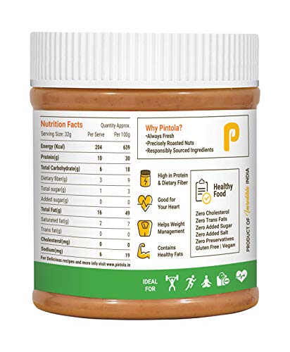 Pintola All Natural Peanut Butter (Creamy) (350g (Pack of 1)) | Unsweetened | 30g Protein | Non GMO | Gluten Free | Cholesterol Free