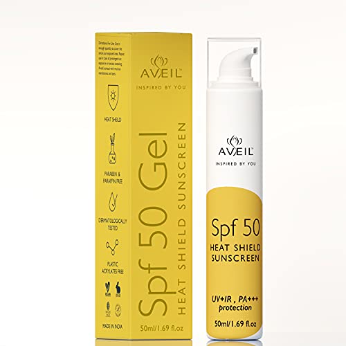 AVEIL Heat Shield Gel Sunscreen SPF 50 | Normal, Oily or Acne Prone Skin | Paraben & Paraffin free | Sun Protector With UV+IR & PA+++ | Dermatologically Tested For All Skin Types | 50 ml
