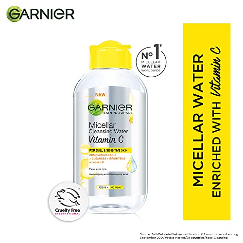 Garnier Micellar Water With Vitamin C, 125ml | Garnier Micellar Cleansing Water | One Swipe Makeup Remover | For Dull and Sensitive Skin | Removes Makeup + Brightens Skin
