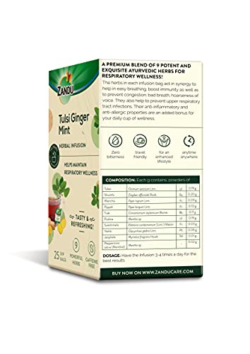 Zandu Tulsi Ginger Mint Herbal Infusion, a Herbal Tea Enriched with Ayurvedic Ingredients (Pack of 25 Tea Bags X 2)