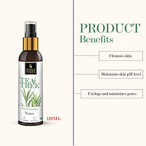 Good Vibes Tea Tree Skin Cleansing Toner 120 ml, Hydrating Light Weight Anti Acne Moisturizing Face Toner for All Skin Types, Natural, No Alcohol, Parabens & Sulphates, No Animal Testing