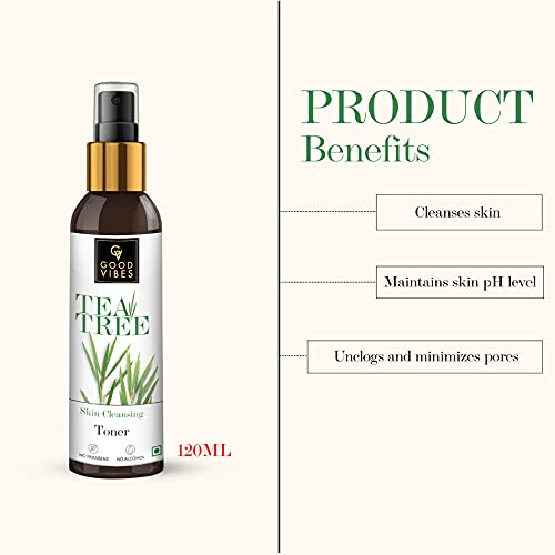 Good Vibes Tea Tree Skin Cleansing Toner 120 ml, Hydrating Light Weight Anti Acne Moisturizing Face Toner for All Skin Types, Natural, No Alcohol, Parabens & Sulphates, No Animal Testing