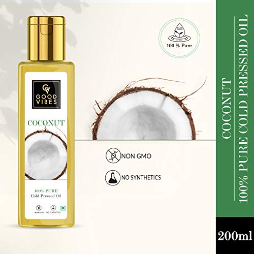 Good Vibes 100% Pure Coconut Cold Pressed Hair Oil, 200 ml, Carrier Oil For Hair Strengthening, Helps Reduce Breakage & Split Ends, Suited For All Hair Types, No Alcohol, Parabens & Sulphates