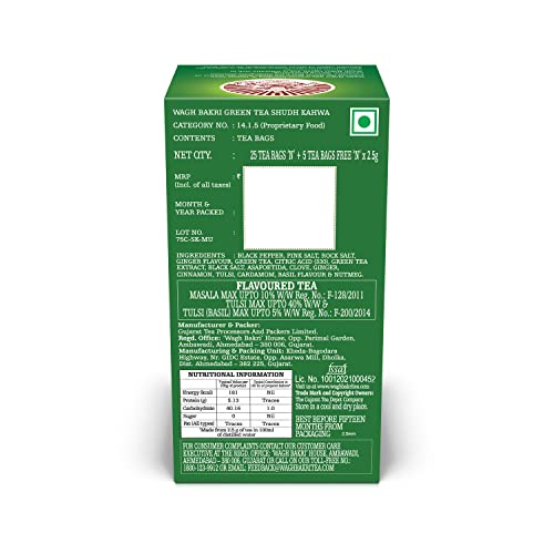 Wagh Bakri Green Tea Shudh Kahwa Tea Bag, 25 Tea Bag*2.5g, 62.5g