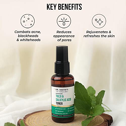 Dr. Sheth's Tulsi & 2% Salicylic Acid (BHA) Toner (Vegan) with 2% Niacinamide and Green Tea Extract, for Acne, Blackheads, Whiteheads, Clogged Pores (100ml)
