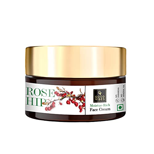Good Vibes Rosehip Moisture-Rich Face Cream, 100 g Skin Moisturizing Hydrating Light Weight Formula, Soothes & Exfoliates Skin, Natural, No Parabens & Sulphates, No Animal Testing