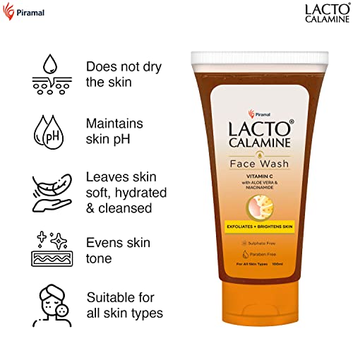 Lacto Calamine Vitamin C face wash with Aloe Vera & Niacinamide for bright and glowing skin| Exfoliates skin, reduces pigmentation, No parabens, no sulphates – (100 ml * pack of 2), Orange