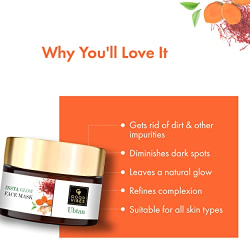 Good Vibes Ubtan Insta Glow Face Mask, 50 g | Brightening, Cleansing, Smoothening Face Pack For All Skin Types | With Turmeric, Saffron, Sunflower Seed Oil | No Parabens, Sulphates & Mineral Oil