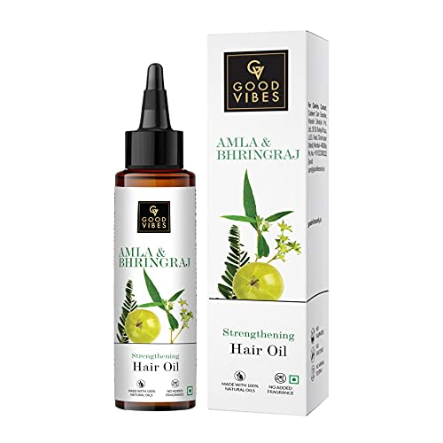 Good Vibes Amla & Bhringraj Strengthening Hair Oil, 100 ml Nourishes Scalp, Reduces Hair Damage, Strengthens Hair Follicles For Dry & Rough Hair | No Parabens, No Sulphates, No Mineral Oil
