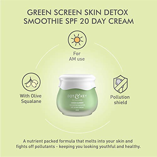 Dot & Key Green Screen Skin Detox Smoothie Day Cream for women SPF 20, 60ml - For skin brightening and glow with Avocado, Chia Seeds, Kale & green tea.