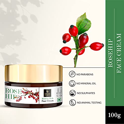 Good Vibes Rosehip Moisture-Rich Face Cream, 100 g Skin Moisturizing Hydrating Light Weight Formula, Soothes & Exfoliates Skin, Natural, No Parabens & Sulphates, No Animal Testing