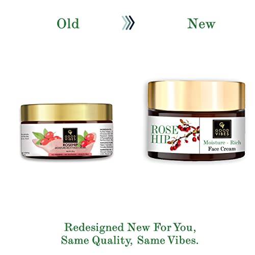 Good Vibes Rosehip Moisture-Rich Face Cream, 50 g Skin Moisturizing Hydrating Light Weight Formula, Soothes & Exfoliates Skin, Natural, No Parabens & Sulphates, No Animal Testing