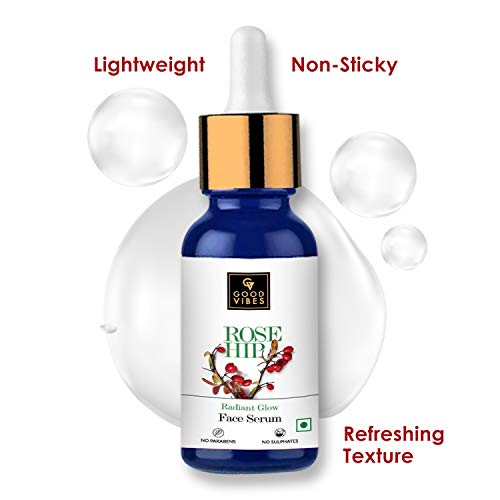 Good Vibes Rose Hip Radiant Glow Face Serum, 10 ml Light Weight Non Greasy Moisturizing Anti Ageing Formula For All Skin Types, Corrects Dark Spots, Natural, No Parabens & Sulphates, No Animal Testing