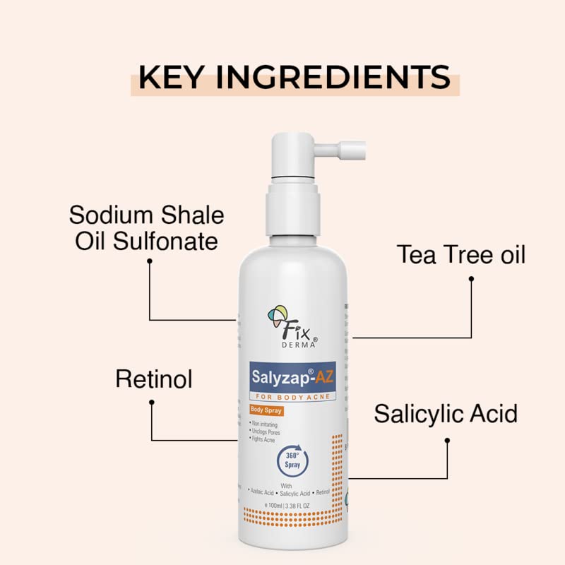 Fixderma Salyzap-AZ Body Acne Treatment spray | For Acne on body parts like Back, Upper arms | Acne breakouts | Acne Scars | Non-greasy Spray | Paraben free | Unclog Pores, 100ml