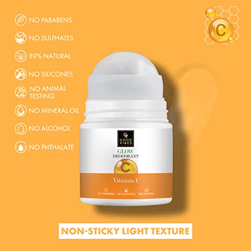 Good Vibes Vitamin C Glow Deodorant Roll On, 50 ml | Fresh & Bright Underarms Naturally With Orange & Kakadu Plum | Controls Sweat & Odour | No Parabens, Sulphates, Silicones, Pthalate & Alcohol