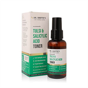 Dr. Sheth's  Tulsi & 2% Salicylic Acid (BHA) Toner (Vegan) with 2% Niacinamide and Green Tea Extract, for Acne, Blackheads, Whiteheads, Clogged Pores (50ml)