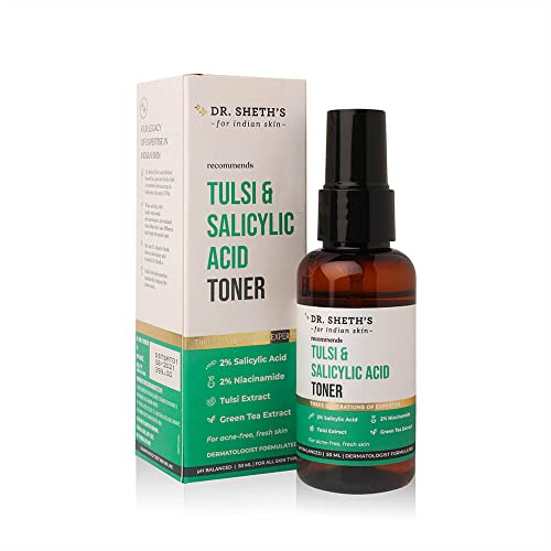 Dr. Sheth's  Tulsi & 2% Salicylic Acid (BHA) Toner (Vegan) with 2% Niacinamide and Green Tea Extract, for Acne, Blackheads, Whiteheads, Clogged Pores (50ml)