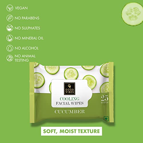 Good Vibes Cucumber Cooling Facial Wipes, 25 Wipes (Pack of 2) | Hydrating, Cleansing, Soothing | Removes Dirt, Impurities, Excess Oil & Makeup | Vegan, No Parabens, Alcohol & Mineral Oil