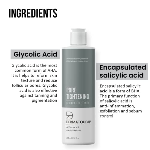 DERMATOUCH Alcohol Free Face Toner for Oily skin, Acne Prone, Normal Skin | With Salicylic acid and Glycolic acid, Pore Tightening toner for Glowing Skin - 200ML