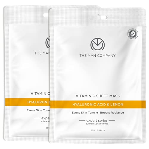 The Man Company Vitamin C Sheet Mask with Hyaluronic Acid & Lemon | Boosts Collagen, Brightening | Improves Skin Tone, Deep Cleanses & Removes Excess Oil - 25ml*2