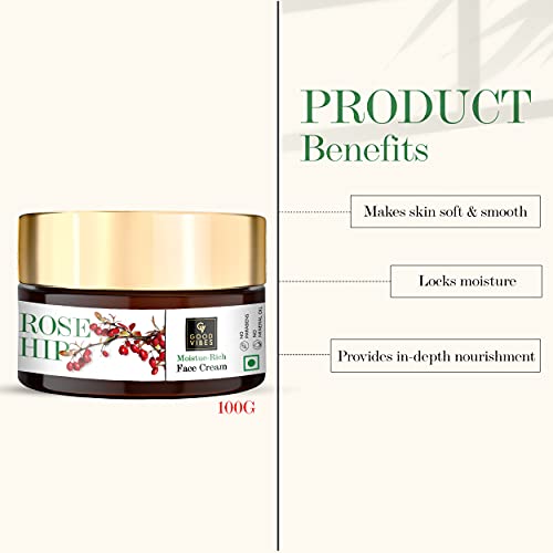 Good Vibes Rosehip Moisture-Rich Face Cream, 100 g Skin Moisturizing Hydrating Light Weight Formula, Soothes & Exfoliates Skin, Natural, No Parabens & Sulphates, No Animal Testing