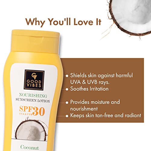 Good Vibes Coconut Nourishing Sunscreen Lotion SPF 30 (110 ml) | Sun Protection For All Skin Types | With Lime & Rosemary Leaf Oil | Soothing, De-Tanning | Vegan, No Parabens, Mineral Oil & Silicones