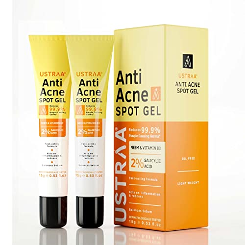 Ustraa Anti-Acne Spot Gel 15 ml - set of 2 - Reduces 99.9% Pimple-causing Germs, Dermatologically Tested, with Neem & Vitamin B3, Lightweight, Oil-free, Works Directly on Acne, Reduces Acne & Redness