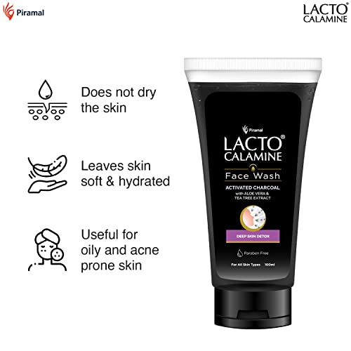 Lacto Calamine Charcoal Activates Face Wash Aloe Vera & Tea Tree Extract for Deep Skin Detox. Removes impurities & fights blackheads & whiteheads. No Sulphates, No Paraben - (100 ml x Pack of 2)